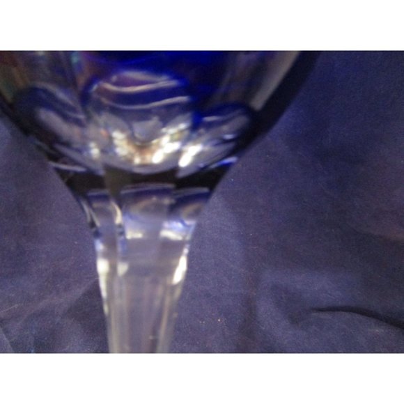 Cobalt Cut to Clear Wavy Lines Crystal Bohemian Wine Glass Unmarked Flawed - Picture 15 of 16